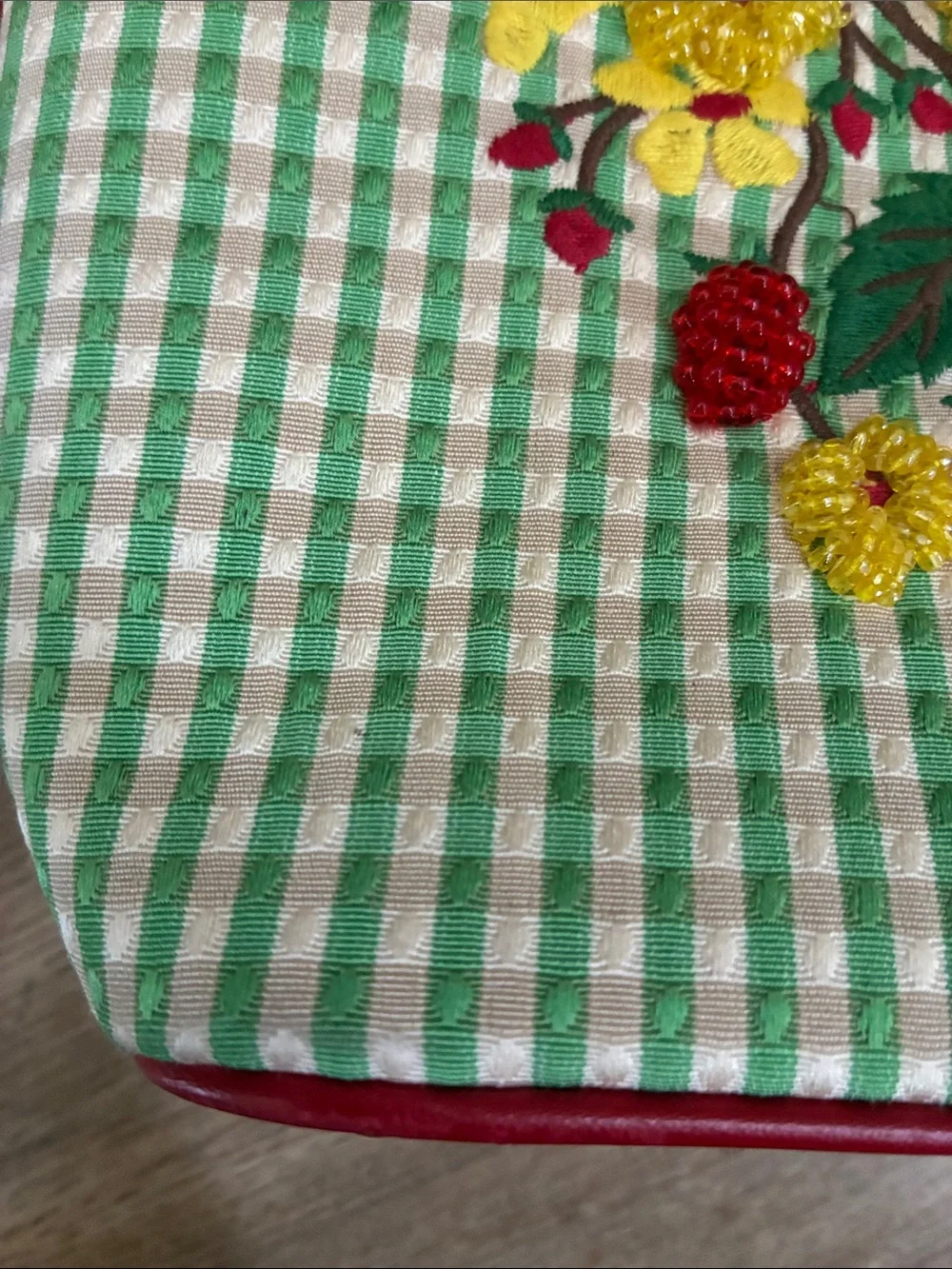 VINTAGE Isabella Fiore Red Leather&Green Gingham Bag w/ Floral&Fruit Embroidery